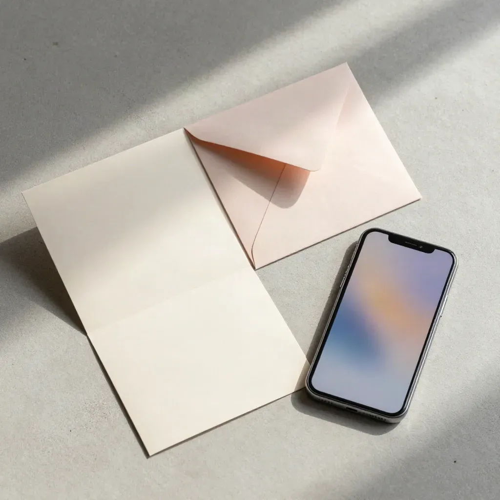 Blush cadeaubonset met telefoon en kaartmap van boven gefotografeerd
